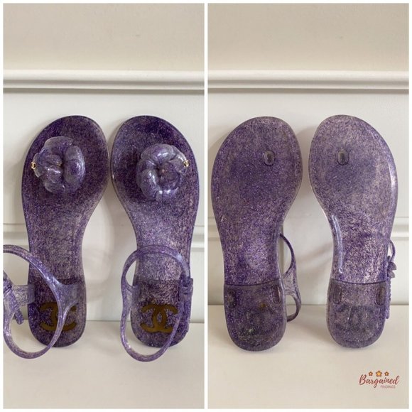 Authentic CHANEL Purple CC Glitter Camelia Jelly Strap Flip Flops Flat Sandals 5 - Picture 7 of 13
